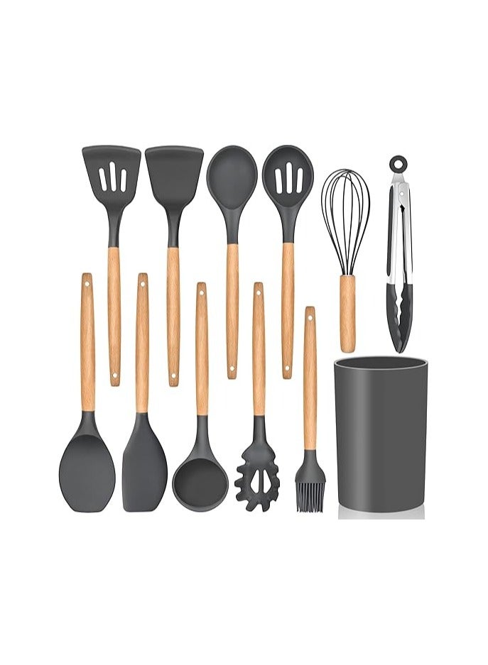 11 Pieces Nonstick Non Scratch Silicone Cookware Utensils Set with Wooden Handle and Holders (gray Color) - Image 1