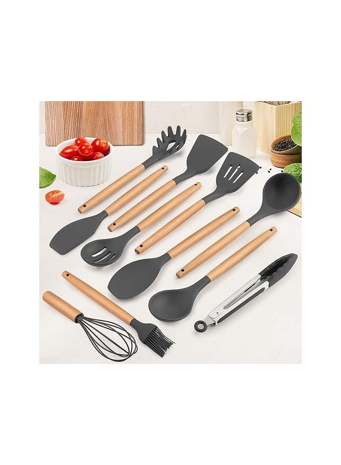 11 Pieces Nonstick Non Scratch Silicone Cookware Utensils Set with Wooden Handle and Holders (gray Color) - Image 2