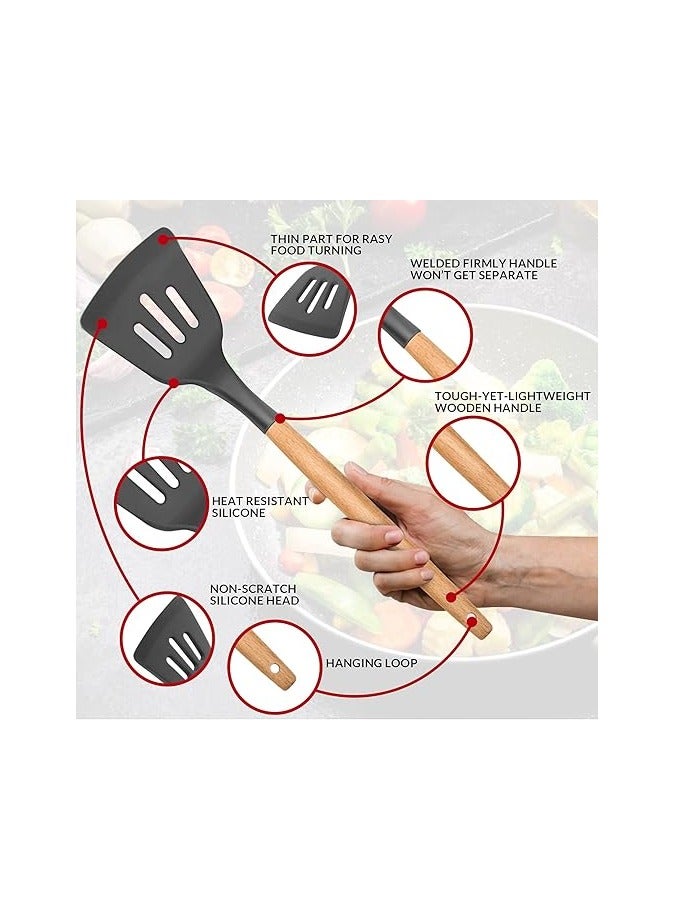 11 Pieces Nonstick Non Scratch Silicone Cookware Utensils Set with Wooden Handle and Holders (gray Color) - Image 4