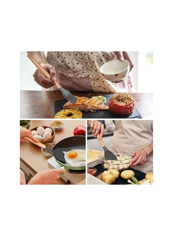 11 Pieces Nonstick Non Scratch Silicone Cookware Utensils Set with Wooden Handle and Holders (gray Color) - Image 5