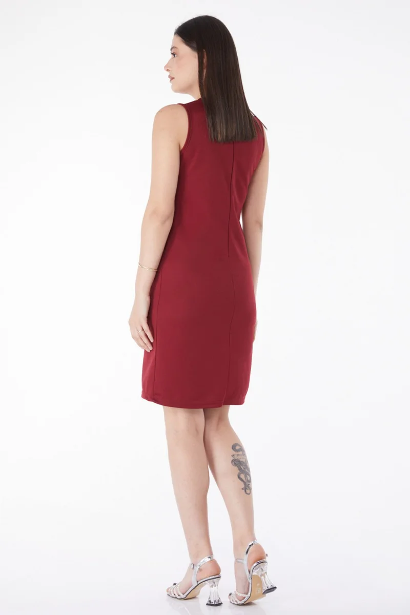 Tofisa Plain Crew Neck Women's Burgundy Mini Dress - 13186