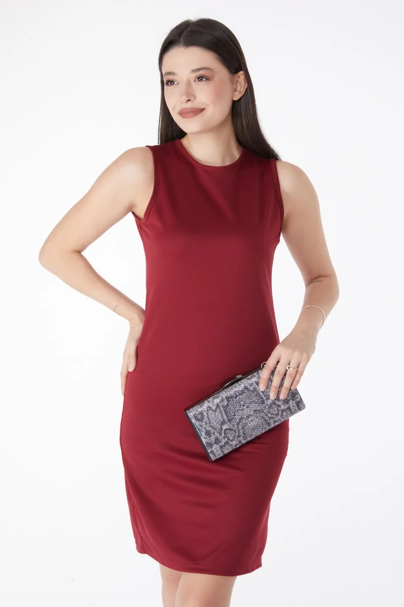 Tofisa Plain Crew Neck Women's Burgundy Mini Dress - 13186