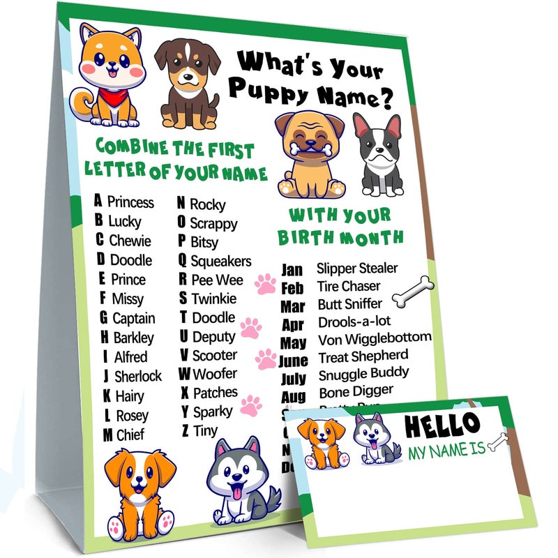 Whats Your Puppy Name Game Puppy Birthday Party Sign for Boys and Girls Holiday Activity Birthday Game for Kids and Adult Parties 1 Puppy Theme Sign and 30 Name Tag Stickers