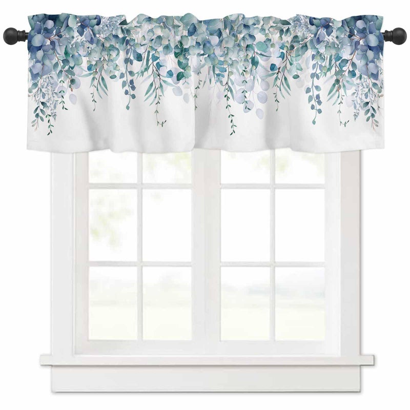 TweetyBed Curtain Valance for Windows Blue Eucalyptus Rod Pocket Valance Window Treatments 1 Panel Watercolor Leaves Short Curtains for Kitchen Windows Bathroom Bedroom 54x18in - Image 1