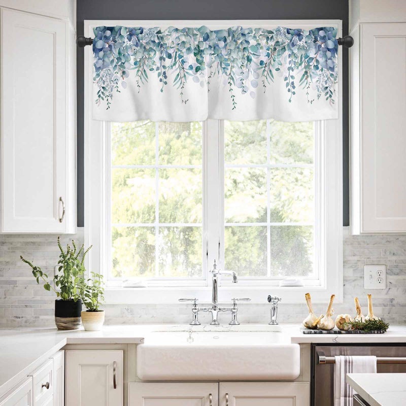 TweetyBed Curtain Valance for Windows Blue Eucalyptus Rod Pocket Valance Window Treatments 1 Panel Watercolor Leaves Short Curtains for Kitchen Windows Bathroom Bedroom 54x18in - Image 2