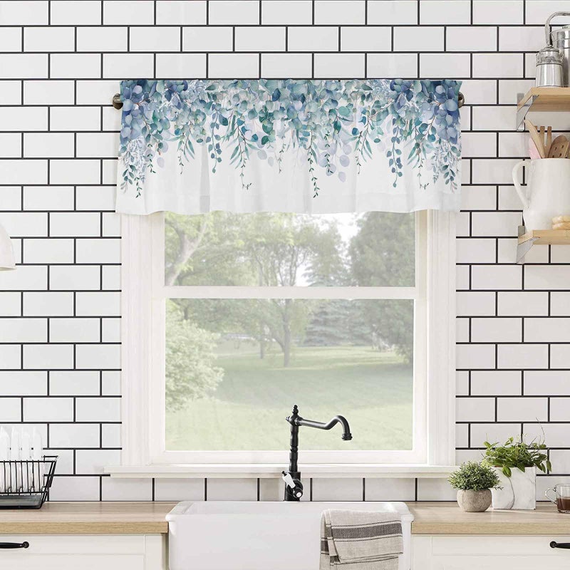 TweetyBed Curtain Valance for Windows Blue Eucalyptus Rod Pocket Valance Window Treatments 1 Panel Watercolor Leaves Short Curtains for Kitchen Windows Bathroom Bedroom 54x18in - Image 4