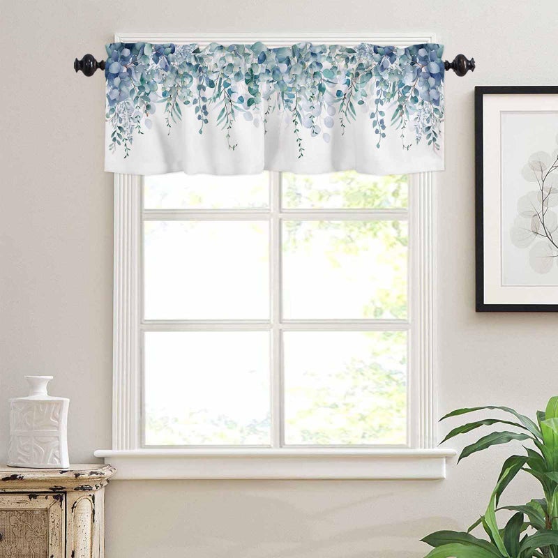 TweetyBed Curtain Valance for Windows Blue Eucalyptus Rod Pocket Valance Window Treatments 1 Panel Watercolor Leaves Short Curtains for Kitchen Windows Bathroom Bedroom 54x18in - Image 3