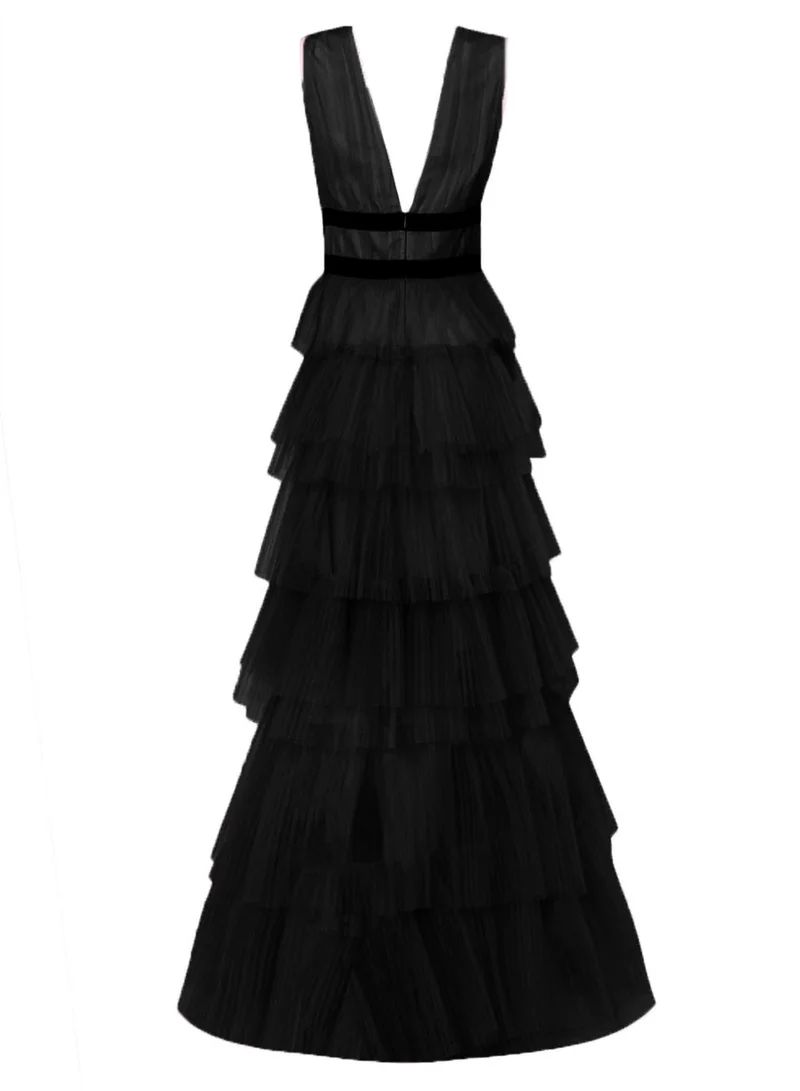 True Decadence Eliza Black Plunging Neck Layered Tulle Maxi Dress - Evening Gown