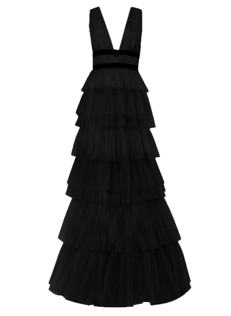 True Decadence Eliza Black Plunging Neck Layered Tulle Maxi Dress - Evening Gown