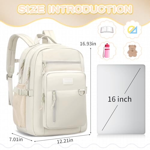 PRAGARI Kids Backpack for School Cute Aesthetic Beige Backpack Girls Student Bookbag Women Travel Lightweight Book Bag - Image 2