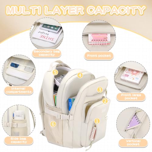 PRAGARI Kids Backpack for School Cute Aesthetic Beige Backpack Girls Student Bookbag Women Travel Lightweight Book Bag - Image 3