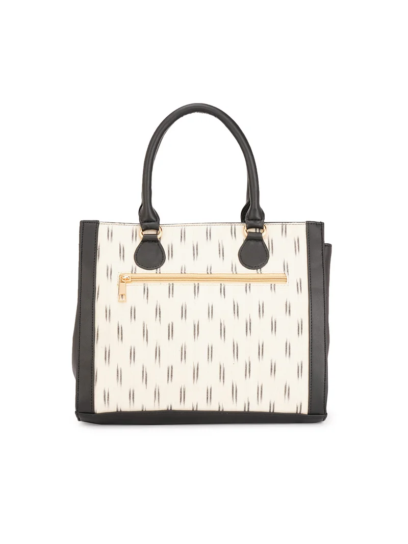 جلو باص حقيبة يد نسائية من الجلد النباتي بطبعة أكات تجريدية بمقبضين بلون أبيض مائل للصفرة