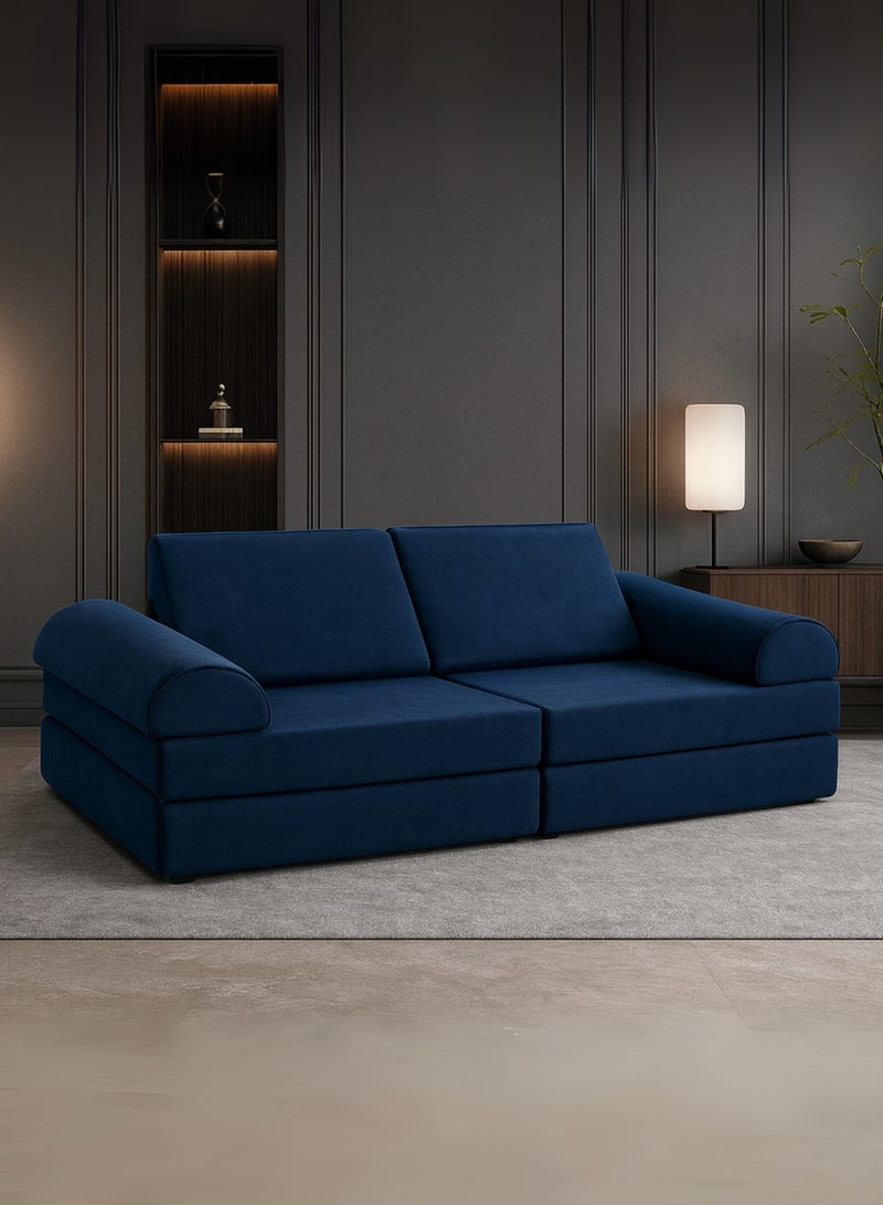 كستم ديكو أريكة سرير عصرية من KustomDeco UrbanEase للأطفال والكبار - قابلة للتحويل لشخصين، بتنجيد مخملي فاخر، أريكة نوم موفرة للمساحة لغرفة المعيشة وغرفة الضيوف، كرسي استرخاء متعدد الوظائف - أزرق ملكي - Image 2