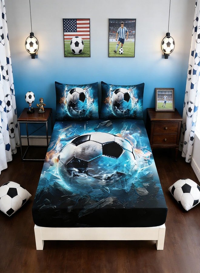 UEVBF Soccer Bedding Fitted Sheet Full Size,Blue Soccer Flame Printing Bedding Fitted Sheet Set,Sports Themed Room Decor for Kids Teens Boys,1 Fitted Sheet+2 Pillowcases. - Image 1