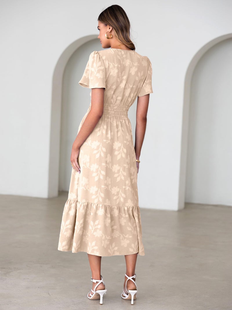 Simplee Womens Summer Boho Maxi Dress Floral Wedding Guest A Line V Neck Short Sleeve Long Vacation Beach Dresses Beige L - Image 4