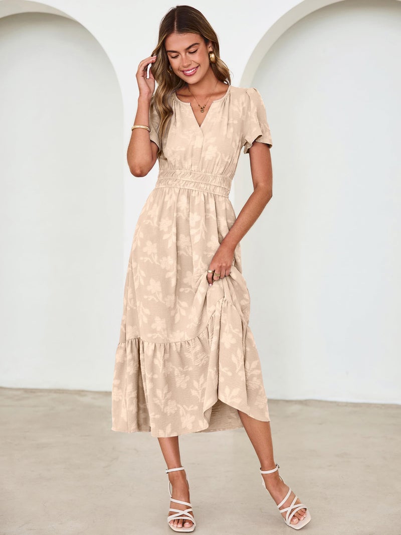 Simplee Womens Summer Boho Maxi Dress Floral Wedding Guest A Line V Neck Short Sleeve Long Vacation Beach Dresses Beige L - Image 5
