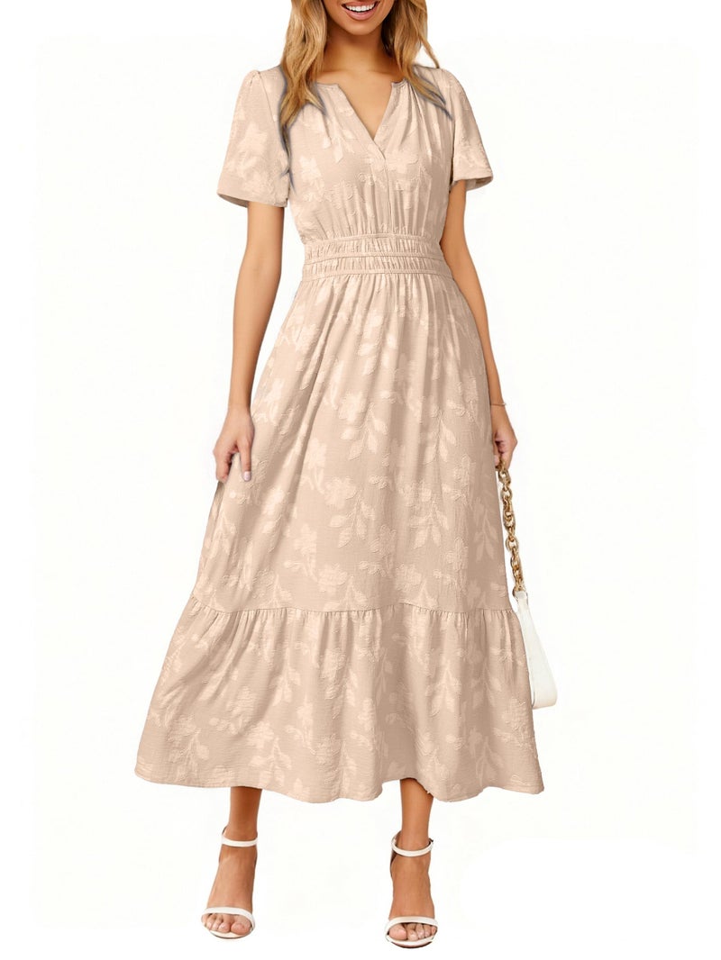 Simplee Womens Summer Boho Maxi Dress Floral Wedding Guest A Line V Neck Short Sleeve Long Vacation Beach Dresses Beige L - Image 1