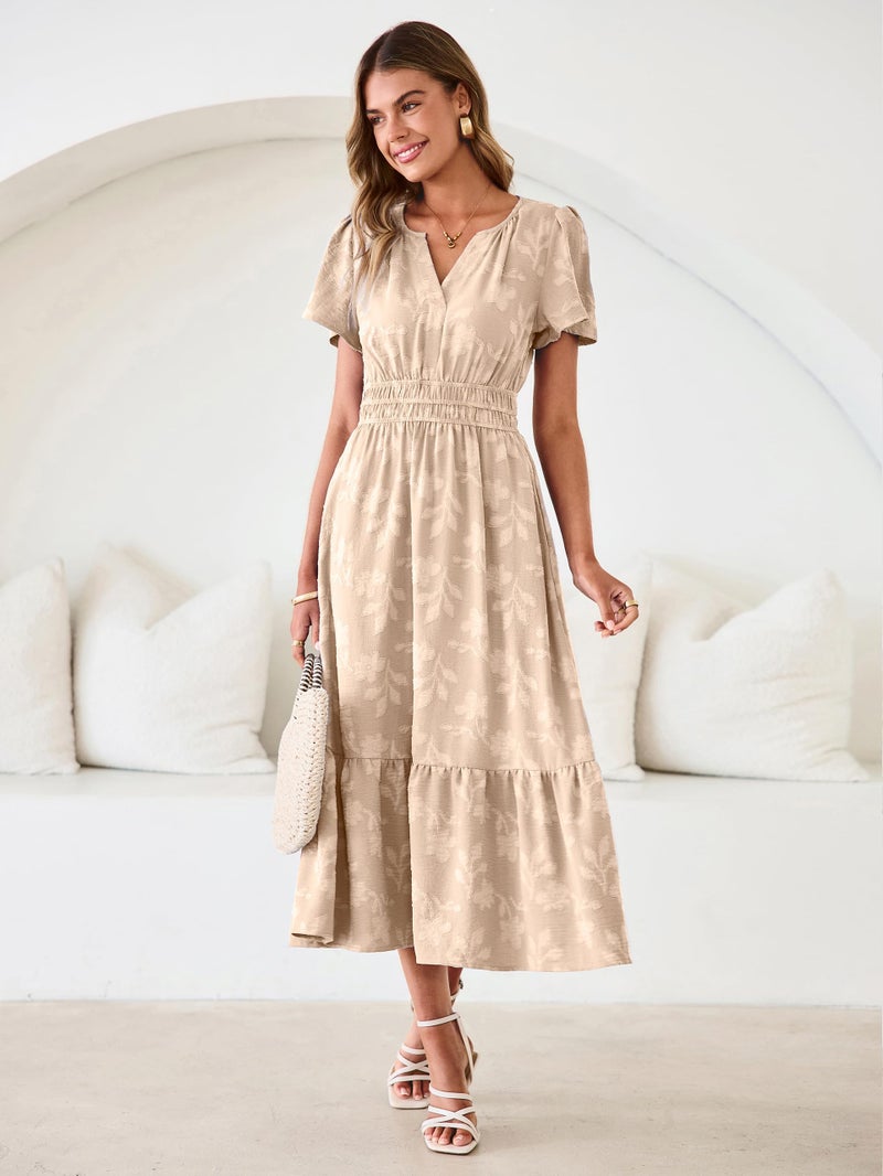 Simplee Womens Summer Boho Maxi Dress Floral Wedding Guest A Line V Neck Short Sleeve Long Vacation Beach Dresses Beige L - Image 2