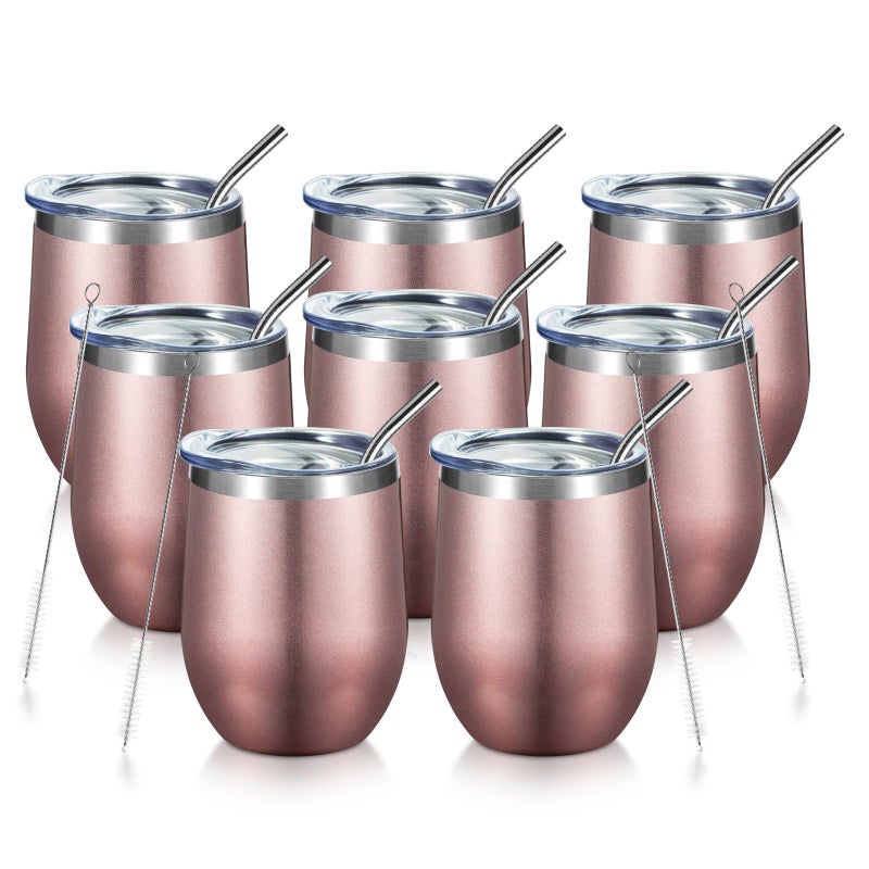 COMOOO Rose Gold Stainless Steel Wine Tumbler Bulk with Lid and Straw 12oz Double Wall Vacuum Insulated Tumbler Cup Stemless for Hot and Cold Drinks Coffee Wine Cocktails Rose gold 8 Pack