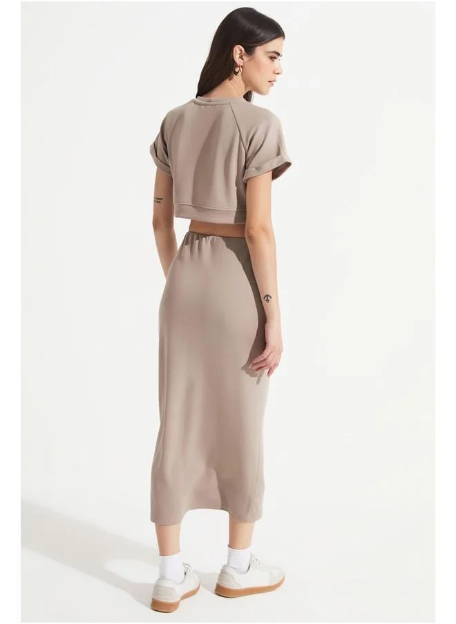 جون June Women Crop Midi Skirt Set Beige