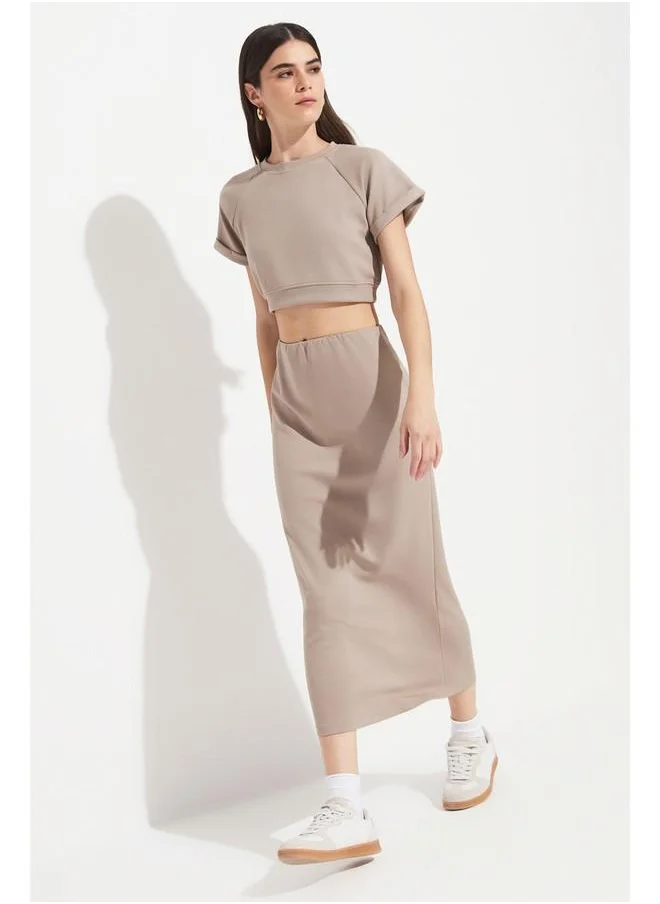 جون June Women Crop Midi Skirt Set Beige