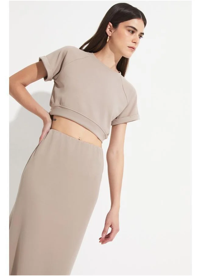 جون June Women Crop Midi Skirt Set Beige