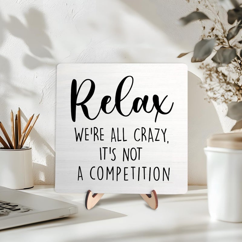 DMADNF Bathroom Decor, Vintage Bathroom Wood Plaque Sign, Relax We're All Crazy Bathroom Home Table Plaque Sign, Farmhouse Decor for Shelf Bathroom Toilet Home Decor 5.9x5.9 Inch (White6) - Image 3