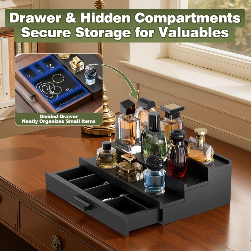 TIRYIUOU Perfume Cologne Organizer for Men: 4 Tier Wooden Perfumes Stand, Desktop Parfum Holder Wood Display Shelf with Cabinet, Bedroom Dresser Makeup Lotion Jewelry Storage Rack with Drawer - Image 5