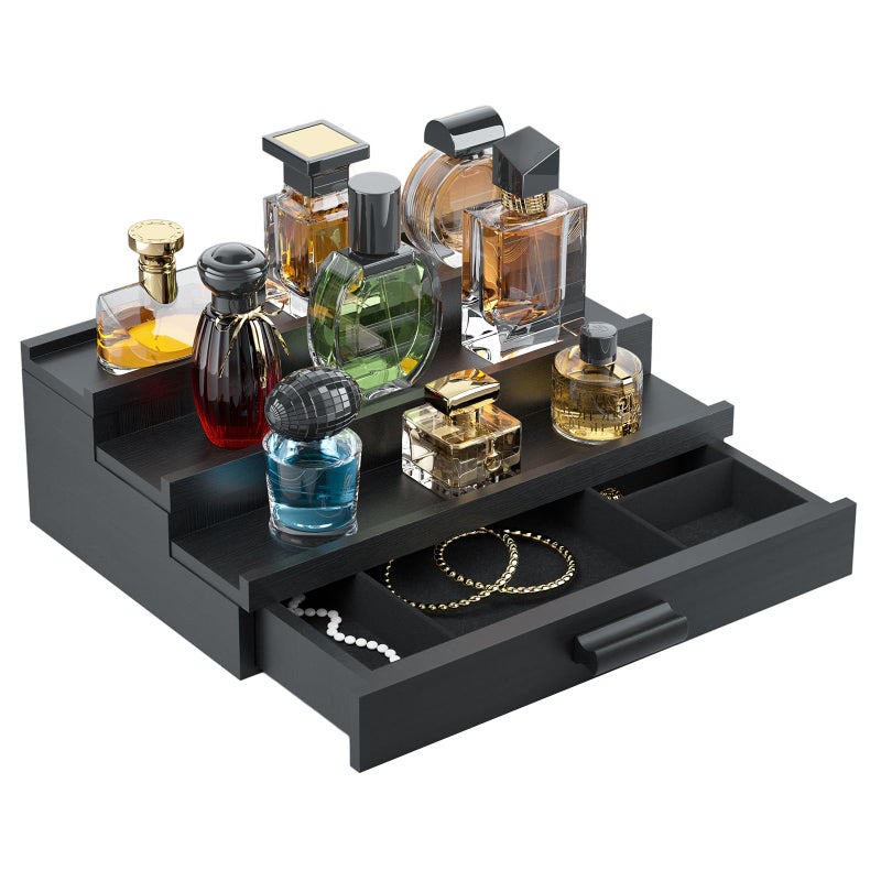 TIRYIUOU Perfume Cologne Organizer for Men: 4 Tier Wooden Perfumes Stand, Desktop Parfum Holder Wood Display Shelf with Cabinet, Bedroom Dresser Makeup Lotion Jewelry Storage Rack with Drawer - Image 1