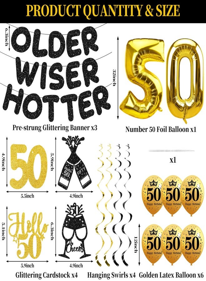 Uiorgui 50th Birthday Decorations Black Gold, Happy 50th Birthday Balloons Older Wiser Hotter Banner for Men Women Funny Fifty Year old Bday Hanging Swirls Cheers to 50 Party Supplies - Image 2