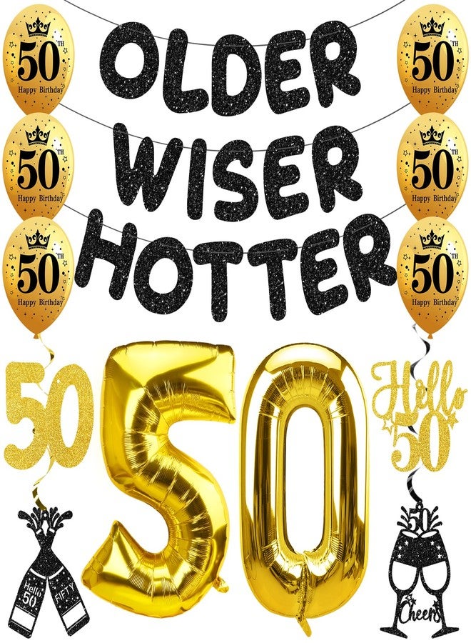 Uiorgui 50th Birthday Decorations Black Gold, Happy 50th Birthday Balloons Older Wiser Hotter Banner for Men Women Funny Fifty Year old Bday Hanging Swirls Cheers to 50 Party Supplies - Image 1