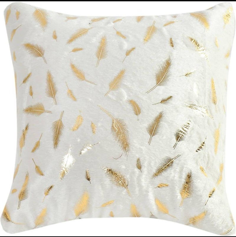 HOMECROWN Velvet Cushion Covers 16x16 Inch – Set of 3 Pcs, Golden Feather Print, Soft Faux Fur Decorative Throw Pillow Covers for Sofa, Couch, Bed, Living Room (White) - Image 2