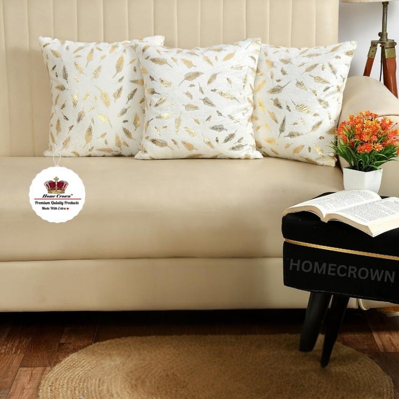 HOMECROWN Velvet Cushion Covers 16x16 Inch – Set of 3 Pcs, Golden Feather Print, Soft Faux Fur Decorative Throw Pillow Covers for Sofa, Couch, Bed, Living Room (White) - Image 5