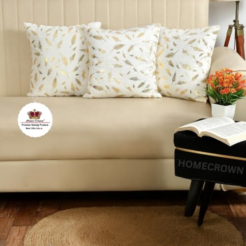 HOMECROWN Velvet Cushion Covers 16x16 Inch – Set of 3 Pcs, Golden Feather Print, Soft Faux Fur Decorative Throw Pillow Covers for Sofa, Couch, Bed, Living Room (White) - Image 1