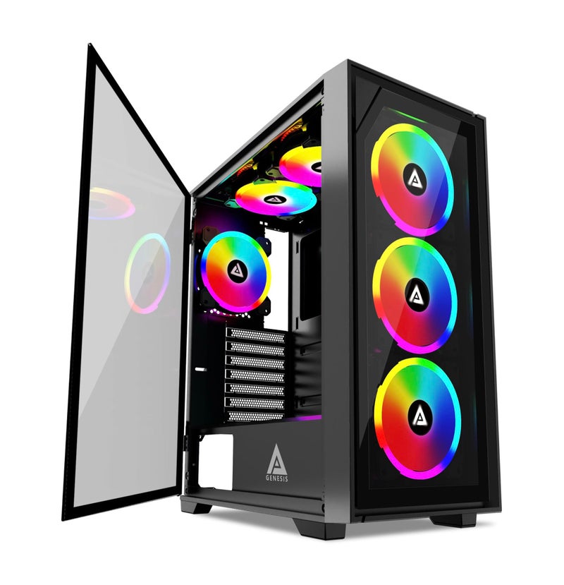 Apevia Genesis Pro GPROBK Mid Tower Gaming Case with 2 x Tempered Glass Panel Top USB30USB20Audio Ports 6 x RGB Fans Black Frame