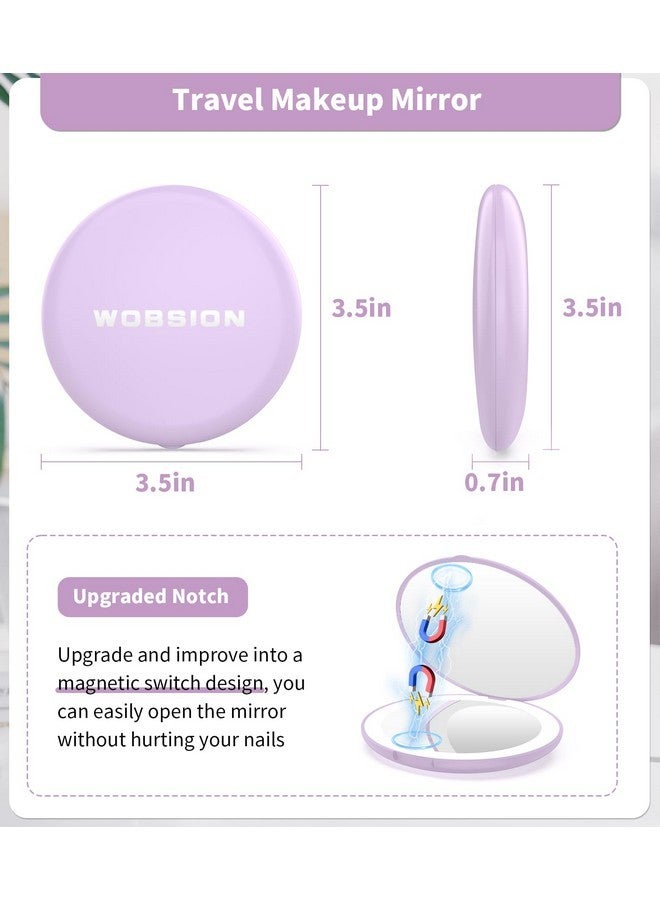 wobsion Travel Makeup Mirror With Light, 1X/10X Compact Magnifying Mirror,Handheld 2-Sided Pocket Mirror,Led Small Mirror For Purse,3.5In Hand Mirror,Travel Size Mirror For Handbag,Gift,Purple  - Image 4
