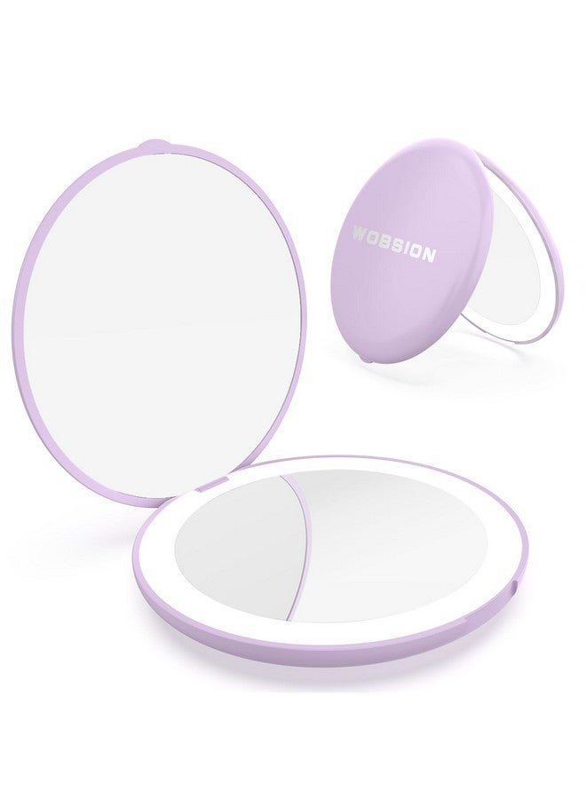 wobsion Travel Makeup Mirror With Light, 1X/10X Compact Magnifying Mirror,Handheld 2-Sided Pocket Mirror,Led Small Mirror For Purse,3.5In Hand Mirror,Travel Size Mirror For Handbag,Gift,Purple  - Image 1