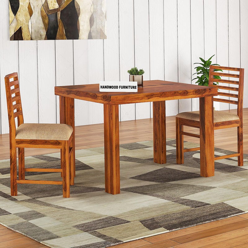 HANDWOOD FURNITURE Premium Sheesham Wood Dining Table45x30 with 2 Chairs 2 Seater Dining Set Wooden Dining Table with Chair Dining Room Furniture Honey Finish with Cream Cushions