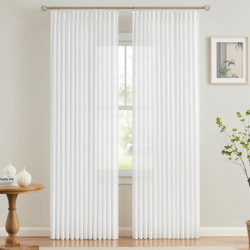 Vision Home White Pinch Pleated Semi Sheer Curtains Textured Light Filtering Window Curtains 90 inch for Living Room Bedroom Rayon Blended Pinch Pleat Drapes with Hooks 2 Panels 40" Wx90 L - Image 1