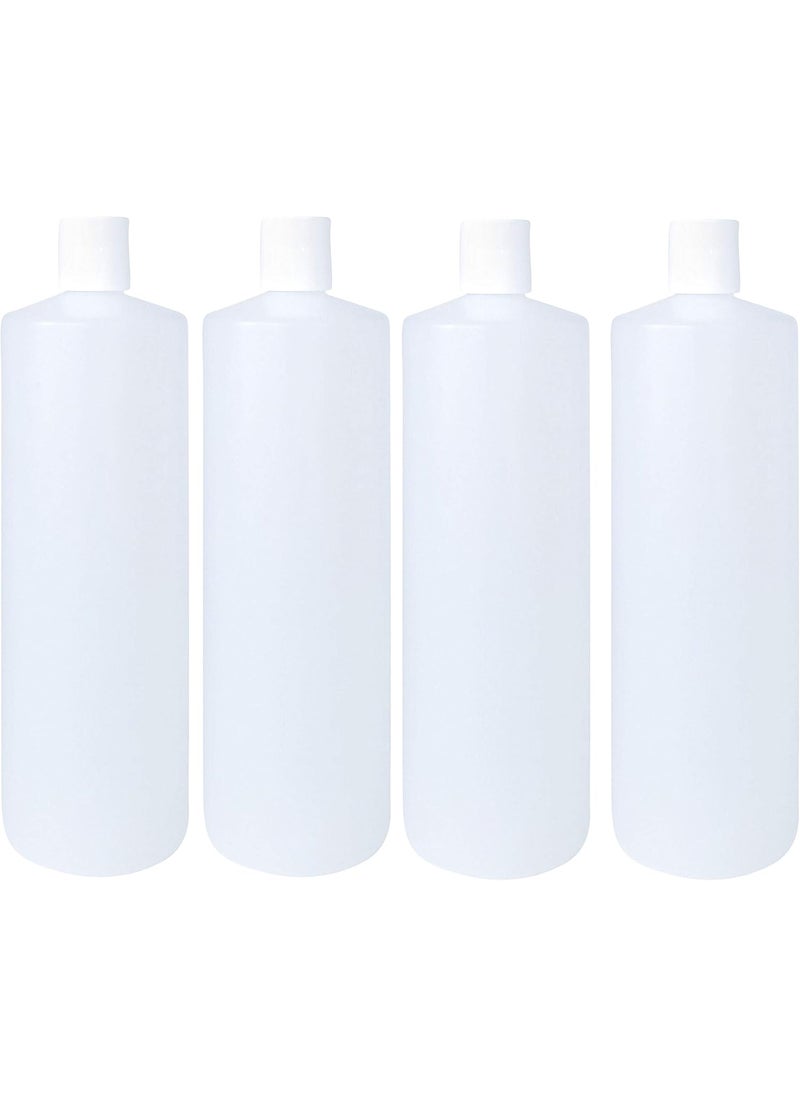 32oz 28/410 HDPE Plastic Cylinder Squeeze Bottles with Dispensing White Press Disc Top Caps, for Shampoo, Conditioner, Lotion, Any Liquid Products, Multi-Use Refillable Bottles (Pack of 4)