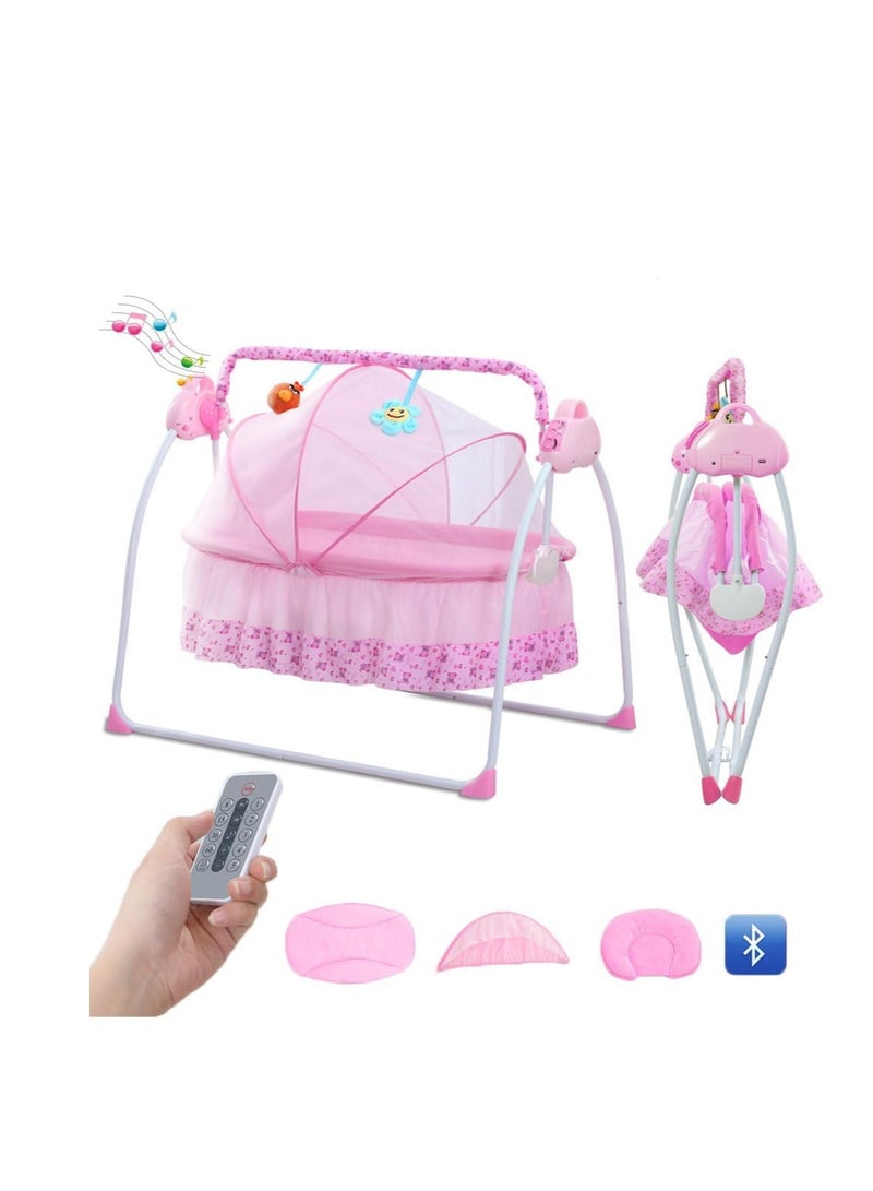 Baby Cradle, Electric Infant Swing Bed with Safety Belt/Bluetooth Music Player,Kids Rocking Crib Bedside Hammock with Mosquito Net,Mattress,Pillow for 0-2 Years Toddlers,Foldable Newborn Bassinet (A)  - Image 1