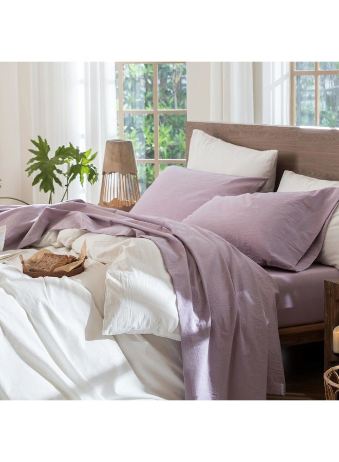 MooMee Bedding Sheet Set 100% Washed Cotton Linen Like Textured Breathable Durable Soft Comfy (Heathered Light Purple, King) - Image 1