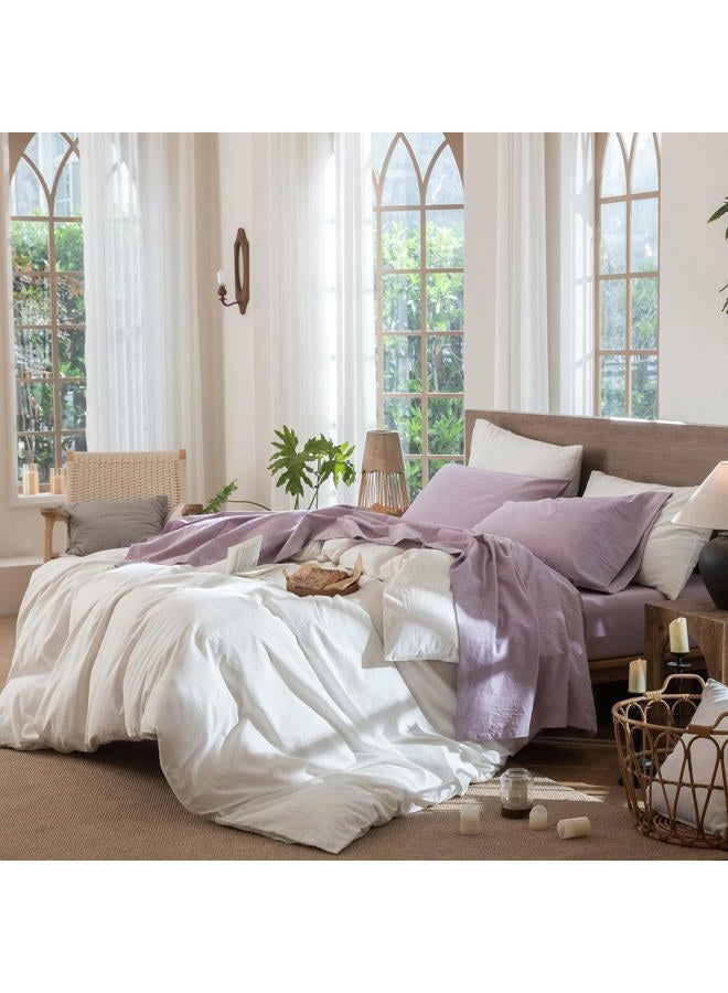 MooMee Bedding Sheet Set 100% Washed Cotton Linen Like Textured Breathable Durable Soft Comfy (Heathered Light Purple, King) - Image 3