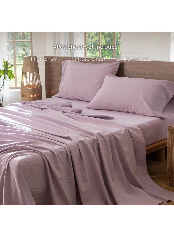 MooMee Bedding Sheet Set 100% Washed Cotton Linen Like Textured Breathable Durable Soft Comfy (Heathered Light Purple, King) - Image 2