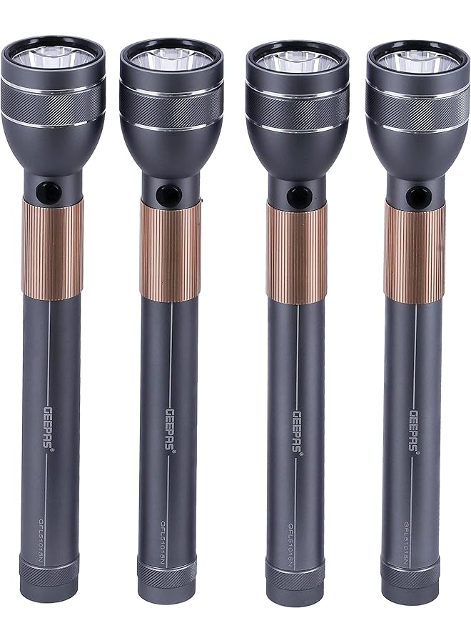 GEEPAS 4 In 1 Rechargeable Waterproof LED Flashlight 330 Lumens Super bright Light with 2 Hours Continuous Working Ideal for Camping Trekking Patrolling & More - Image 1