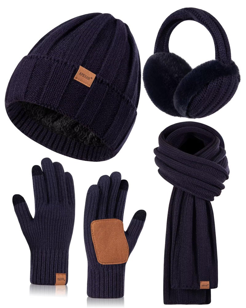APEVAN Winter Hat Gloves Scarf Earmuffs Set for Women, Fleece Lined Beanie Long Knit Neck Scarf Touchscreen Gloves Adjustable Ear Warmer, 4 in 1 Fashionable Warm Gift Set for Cold Weather-08 Navy - Image 1