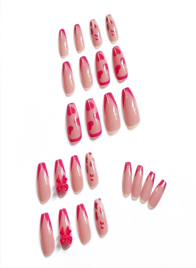 Red Blossom Wearing a long red V-shaped French coffin nail Ballet manicure Ultra-thin bow fake nail patch  - Image 4
