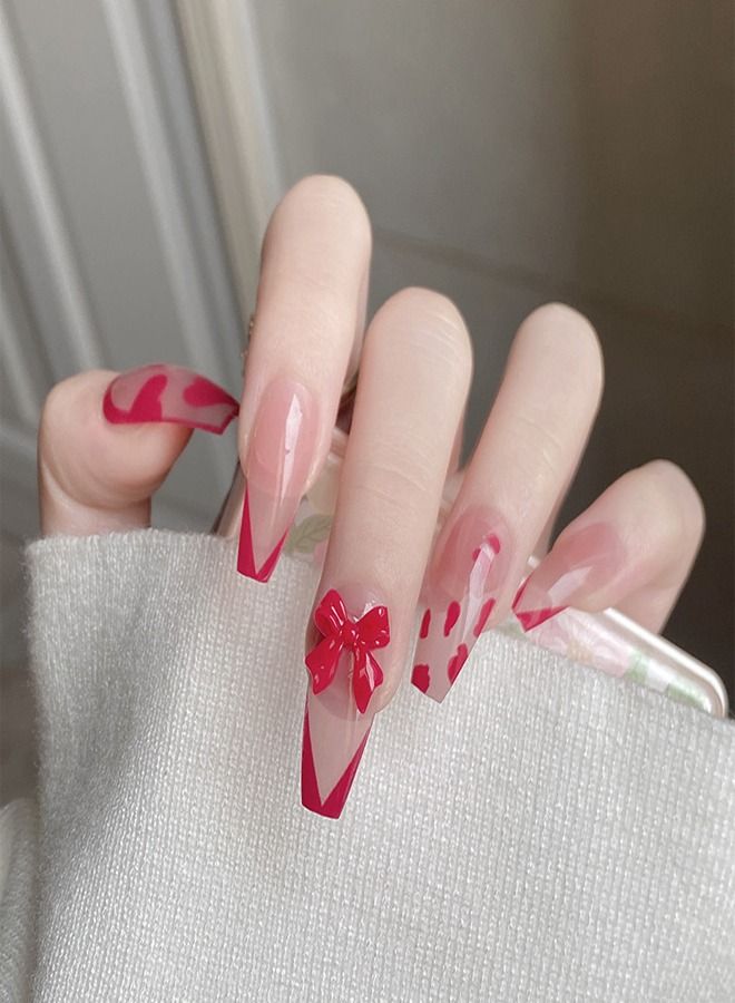 Red Blossom Wearing a long red V-shaped French coffin nail Ballet manicure Ultra-thin bow fake nail patch  - Image 5