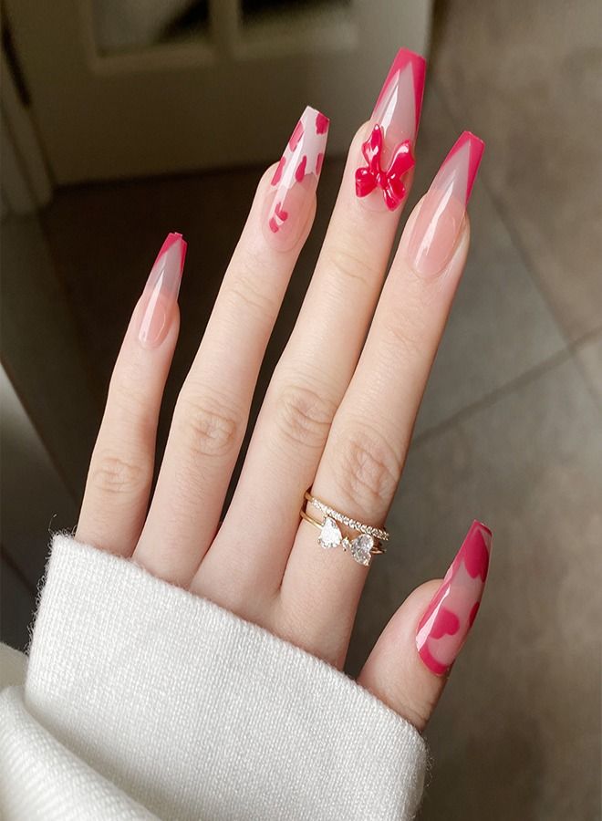 Red Blossom Wearing a long red V-shaped French coffin nail Ballet manicure Ultra-thin bow fake nail patch  - Image 3