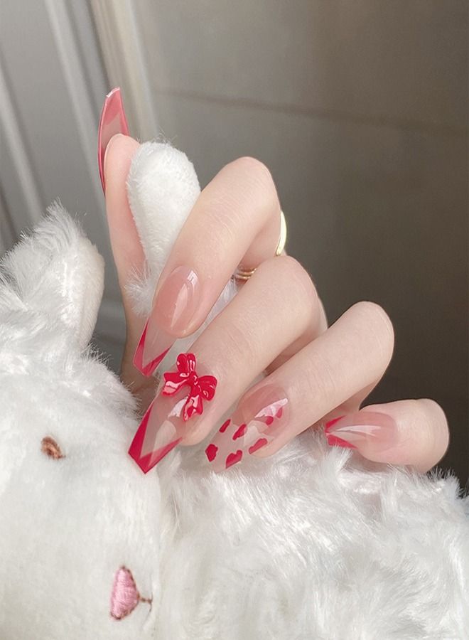 Red Blossom Wearing a long red V-shaped French coffin nail Ballet manicure Ultra-thin bow fake nail patch  - Image 1